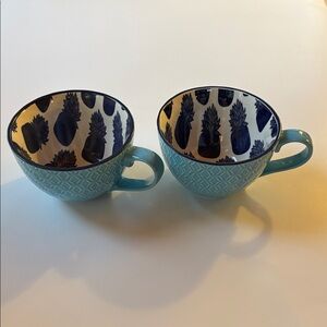 Crown & Ivy Teal and Navy Stoneware Mugs/Cups Pineapple On Inside Of Cup. 10 OZ